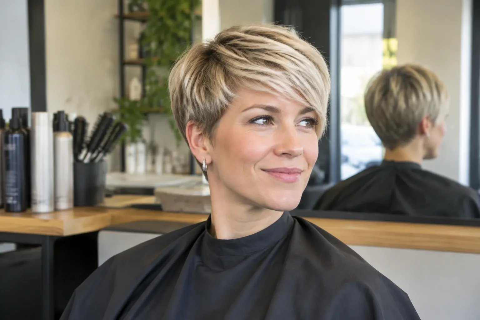 Vrouw met kort blond pixie-kapsel in kappersstoel, zachte zijwaartse pony en spiegelachtergrond