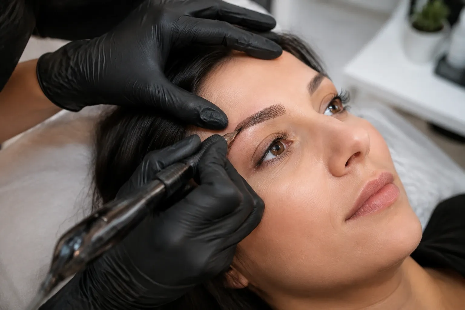 Vrouw krijgt permanente make-up wenkbrauwen, specialist werkt met pen en zwarte handschoenen
